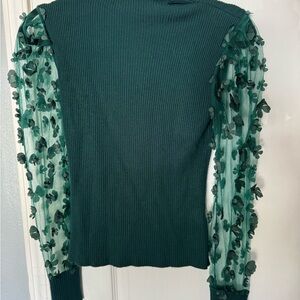 Almost Famous Teal Ribbed Blouse with Floral Sheer Sleeves